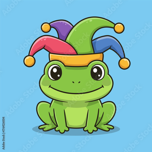 A cute, funny cartoon green frog with a heart sitting on a white background is a happy vector illustration of a friendly amphibian character