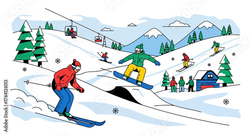 Vibrant winter illustration of a mountain ski resort with people skiing and snowboarding on snowy slopes under a chairlift