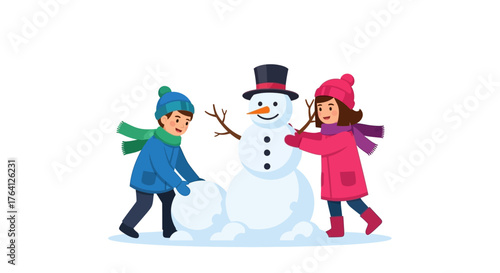 Children building a snowman together with winter clothes on a white background