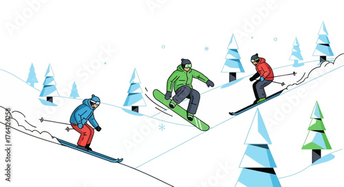 Friends enjoying winter sports, skiing and snowboarding downhill on a snowy mountain slope. A vector illustration of an active holiday