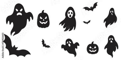 Halloween Icon Set  Spooky & Horror Elements. Creative Halloween icon set with witch hats, spiders, haunted houses, and pumpkins. Ideal for digital art, social media, and festive designs vector.