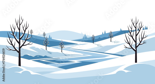 Winter Landscape Snowy hills with bare trees and frozen river scenery vector graphic