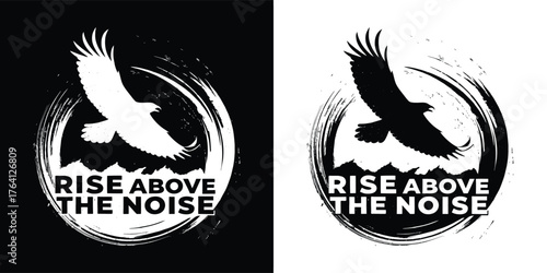 Silhouette of an eagle in flight over waves, text reads rise above the noise, circular graphic