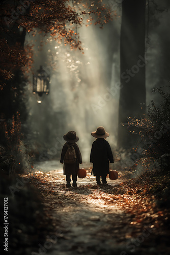 Halloween kids trick or treating in forest with pumpkins and costumes