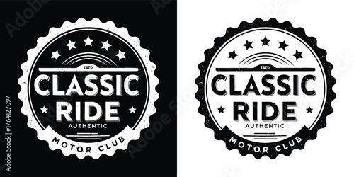 Circular emblem for a classic ride motor club with stars and a vintage aesthetic, presented in black and white