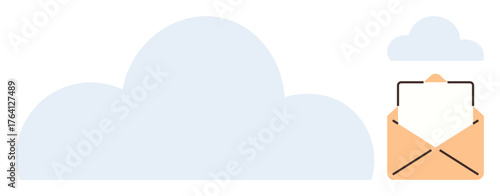 Open envelope with paper emerging, placed near clouds, symbolizing cloud storage and digital communication. Ideal for email, cloud, efficiency, organization, connection, data sharing simple flat