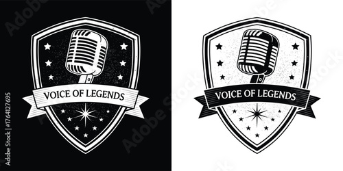 Vintage microphone emblem with the text voice of legends in a shield shape, presented in both black and white versions for versatility