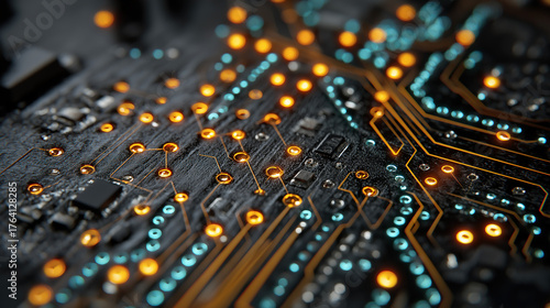 Close-up of circuit board with orange and blue solder joints and integrated circuit chips, highlighting tech design elements