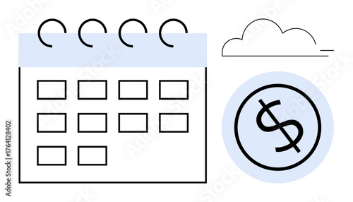 Calendar with outlined grid and dollar sign symbolizes budget planning, deadlines, and cost management. Ideal for finance, scheduling, time tracking, productivity, savings, project deadlines simple