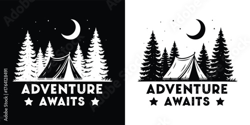 Night camping scene with tent, pine trees, and moon, text adventure awaits with star accents