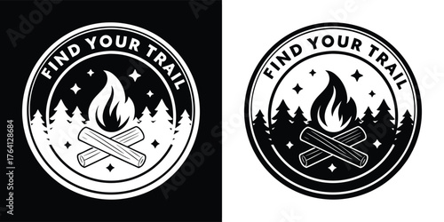 Circular emblem with a campfire and trees, featuring the text find your trail, presented in both black and white versions