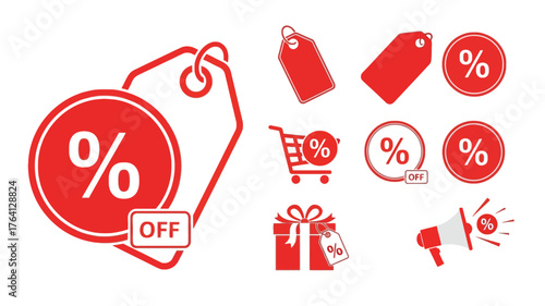 Set of red discount icons sale and promotion elements isolated on white background