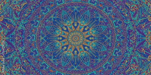 Detailed mandala background intricate floral pattern in blue and gold decorative design