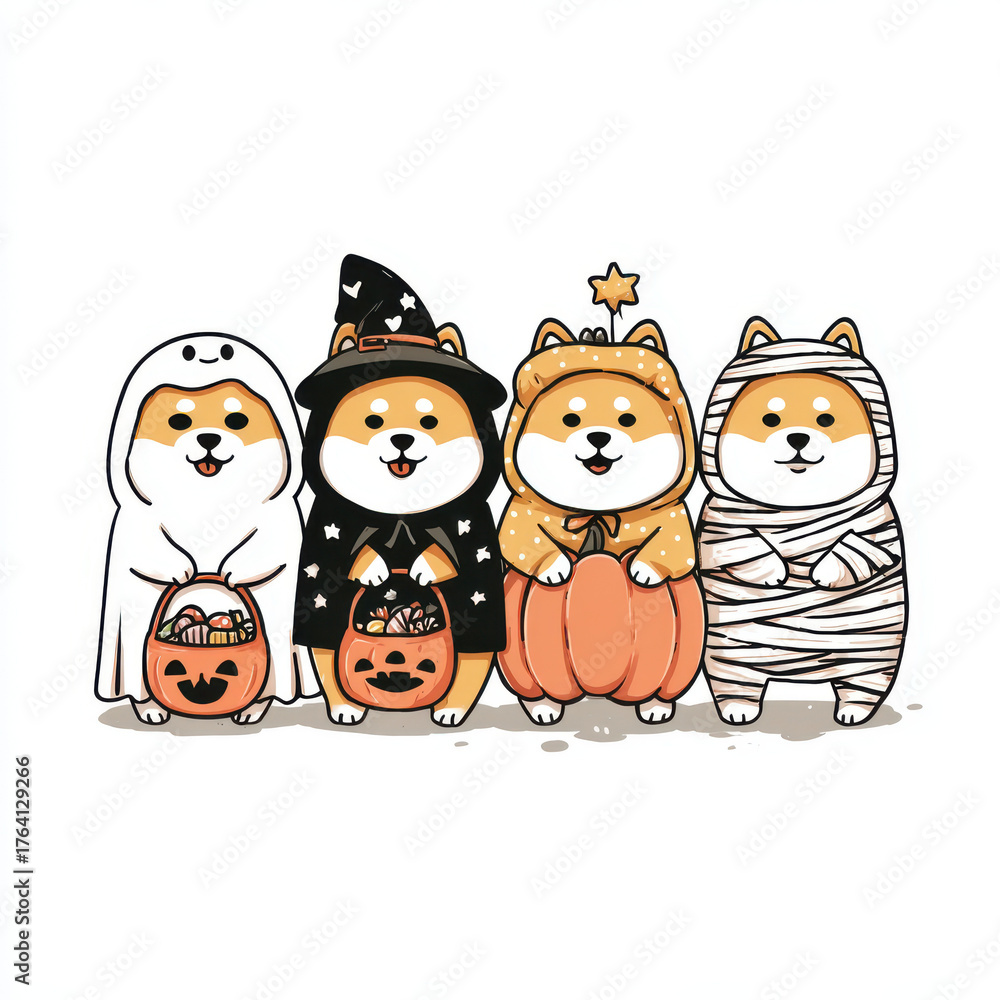 Obraz premium Spooky Canine Crew: Adorable Shiba Inu puppies in charming Halloween costumes. Captured in an illustration that captures the fun and spirit of Halloween.