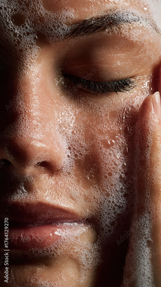 Obraz premium Cleansing Ritual: A close-up shot of a person indulging in a rejuvenating skincare routine, capturing the serene moments of cleansing and self-care.