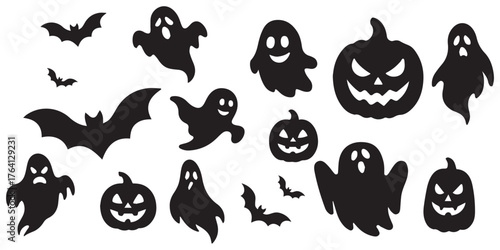 Spooky Halloween icon set featuring pumpkins, ghosts, bats, skulls, and witches in flat modern style. Perfect for party invitations, posters, web, and seasonal designs. High-quality vector Eps 10.