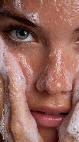 Face Washing Ritual: A close-up shot of a serene face immersed in the ritual of cleansing, as gentle hands cradle the skin. A soft layer of foamy soap adds a touch of elegance to the routine.