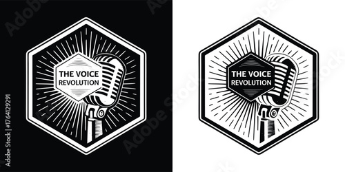 Retro microphone logo within a hexagonal frame, featuring radiating lines and text the voice revolution, in positive and negative versions