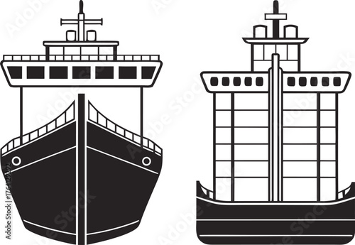 Big Ship Outline Design Set. Large Cargo Ship Line Art Illustration. Marine Vessel and Transportation Outline Design. Big Ocean Ship Drawing in Outline Style. Commercial Ship and Sea Transport