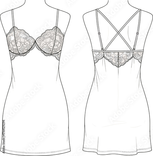 Women's lingerie slip dress, technical fashion sketch, front and back view, lace detail, crisscross straps, intimate wear, garment design, illustration
