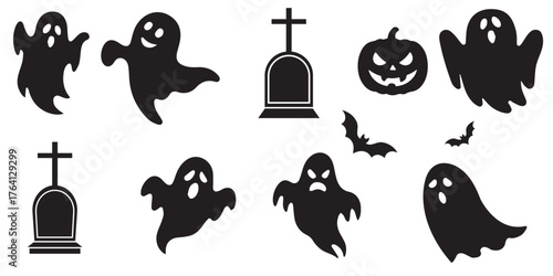 Halloween Icon Set  Spooky & Horror Elements. Creative Halloween icon set with witch hats, spiders, haunted houses, and pumpkins. Ideal for digital art, social media, and festive designs vector.