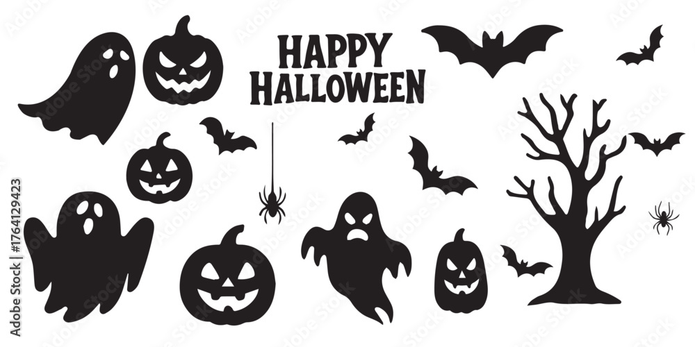 Fototapeta premium set of objects silhouettes for halloween elements. Demon silhouette sets. set of halloween icon silhouette vector Halloween doodles black and white drawing set. Set of halloween icon silhouette. EPS10