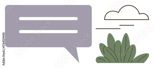 Purple speech bubble with two lines beside greenery and cloud. Ideal for conversation, communication, environment, messaging, modern design, ecology, clarity. Simple flat metaphor