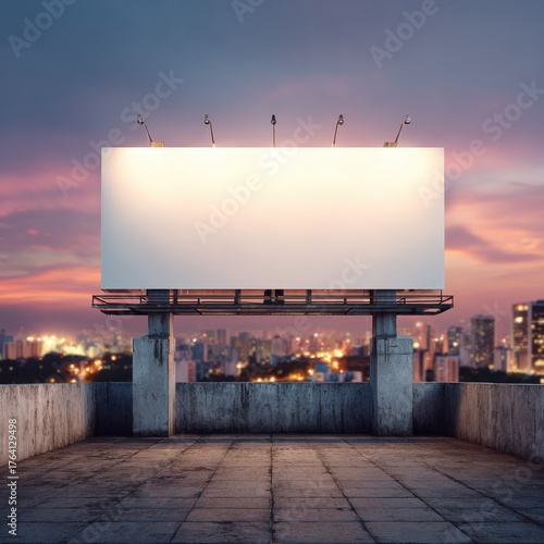 Billboard at Dusk: A large, blank billboard stands tall against a stunning sunset backdrop, ready to display a message amidst the urban landscape.