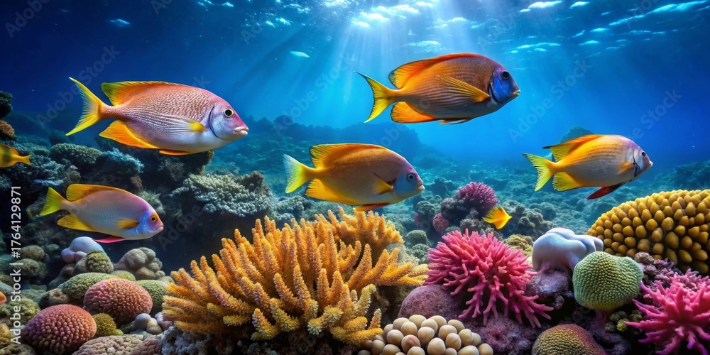 Naklejka premium Vibrant Reef Scene Featuring Colorful Fish and Coral Formations in Underwater Paradise