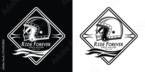 Distressed diamond shape emblem with vintage helmet and banner, text reads ride forever, isolated on white background