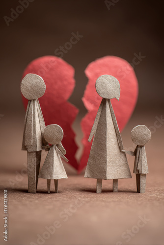 Broken Hearts, Torn Families: A poignant visual of a family, symbolized by paper figures, stands before a broken heart. A narrative of separation, grief and hope. 