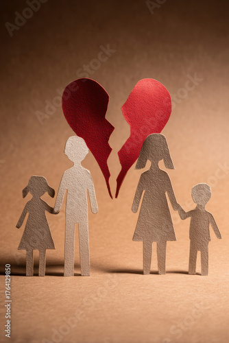 Broken Bonds, Shattered Hearts: A poignant visual representation of familial separation, symbolized by the fractured heart and paper figures.