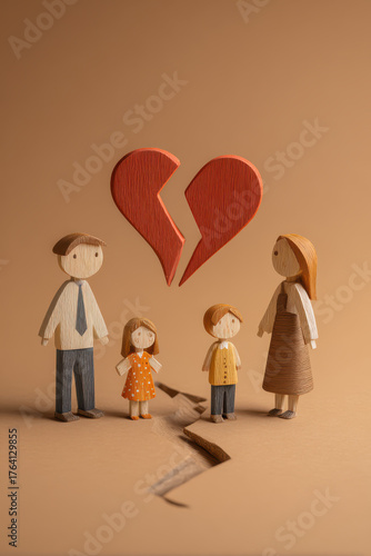 Broken bond, enduring love: The image portrays a family, with a broken heart above them. It evokes feelings of sadness, strength, and the importance of family connections.