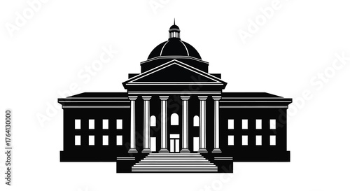 Classic government building with a prominent dome and columns in a striking black and white silhouette