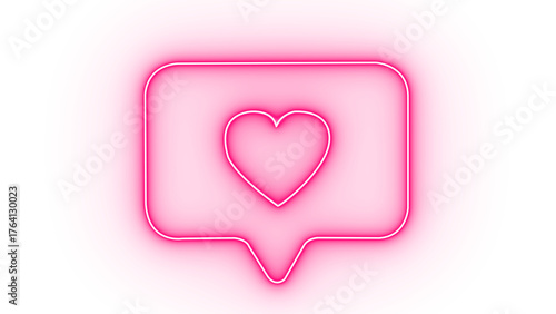 a neon pink speech bubble icon with a white heart outline inside isolated on transparent background symbolizing social media notification and popularity