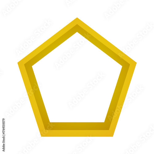 Golden 3D Pentagon Frame Vector, Simple Geometric Border Template, Empty Abstract Award Emblem Isolated on Transparent Background