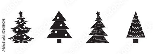 Christmas tree silhouette clipart set. Black Christmas tree drawing clip art collection in white background for x-mas season pine tree flat icon decoration vector illustration.