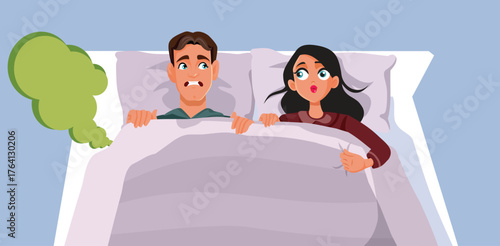 Embarrassed Husband Farting in Bed Vector Cartoon Character. Couple in a romantic situation feeling uncomfortable after a gassy situation
