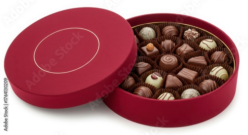 gourmet chocolate bonbons in circular box with velvet tray and branding spot isolated on a white surface for dessert or pastry packgaing presentation
