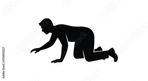 A person on hands and knees reaching forward in a dynamic silhouette pose against a white background