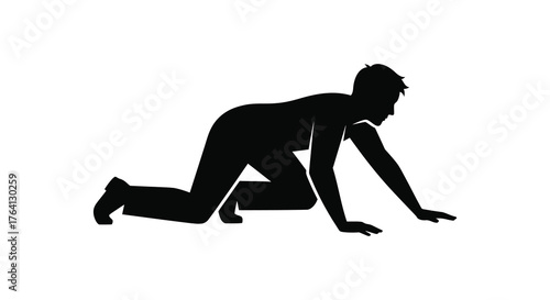 A person in a black silhouette on hands and knees in a low crawling position against a white background silhouette