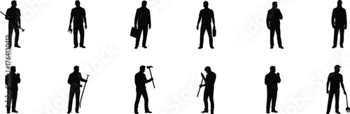 Silhouettes of diverse workers, tools in hand, construction, business, labor, teamwork, professions, industry, trades, occupatiotechnician, engineer, mechanic, builder, teamwork