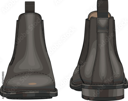 Chelsea boots back view, leather footwear illustration, fashion accessory, shoe design template, stylish boot sketch, vector drawing, apparel detail