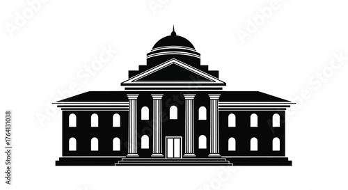 Classic neoclassical government building with a dome and columns in a striking black silhouette