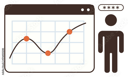 Graph plot with trend line and data points inside browser window, human figure with password bar above. Ideal for analytics, security, data visualization, research, statistics, technology, business