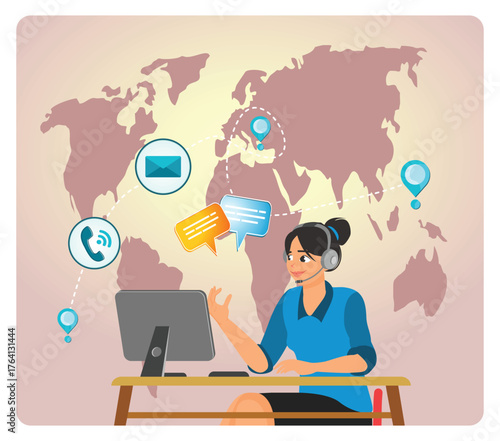 Contact us concept. Customer Support Agent Working Globally With Multichannel Communication.