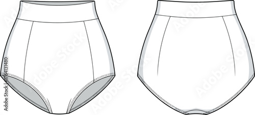 High-waisted underwear technical sketch, front and back view, fashion flat drawing, garment blueprint, swimwear bottom, lingerie design, apparel illustration