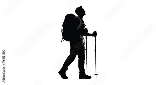 Lone hiker with backpack and trekking poles looking up at the sky in a stark black silhouette against a white background