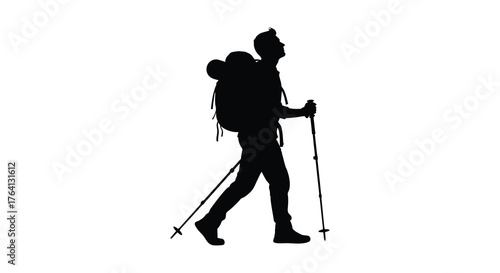 Silhouette of a hiker with a backpack and trekking poles walking against a white background silhouette