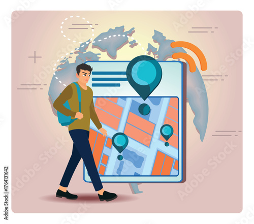  Get directions concept. Traveler With Backpack Exploring Global Map And Location Pins.